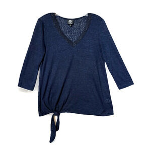 Bobeau V-Neck Lace Trim 3/4 Sleeve Top Sz S Navy Packable Lightweight